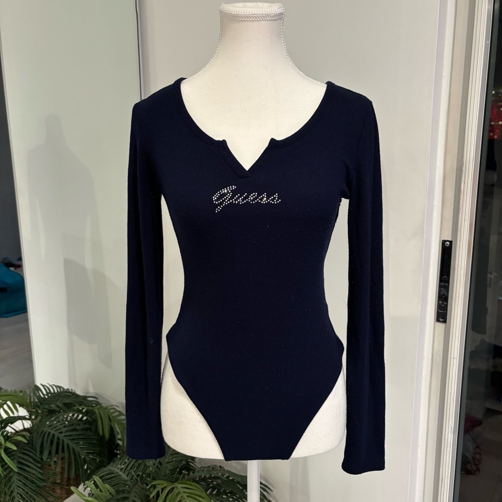 Guess Women's Dark Blue Long Sleeve Rhinestone Logo Bodysuit